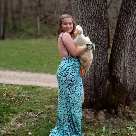 JVN by Jovani Turquoise Patterned Prom Dress - Picture 2 of 3